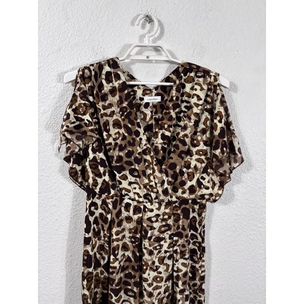 Calvin Klein Sheath Dress Womens‎ M Brown Leopard Print Flutter Sleeve